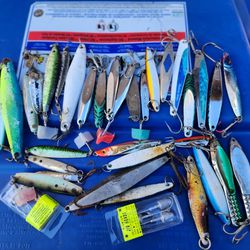 Box With Over 30 Jigs Saltwater Fishing Tackle for Sale in San
