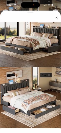 Dark Gray Upholstered Platform Bed with Storage Drawers