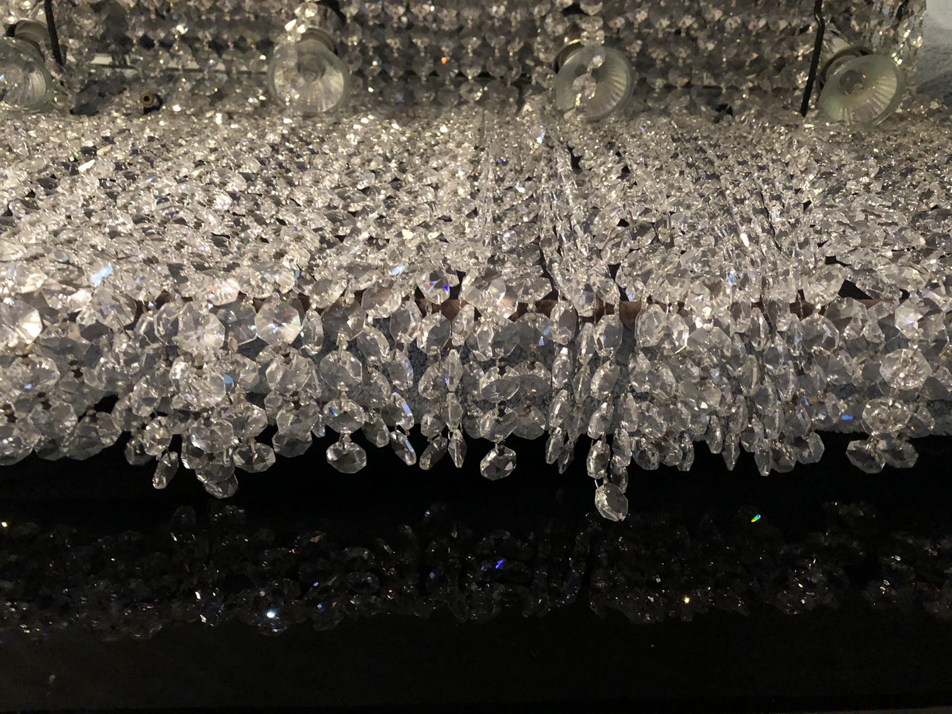 Crystal strands Large Black Chandelier Pendant. 33” Long, 9”wide, 37” from the ceiling. Like new, absolutely gorgeous!