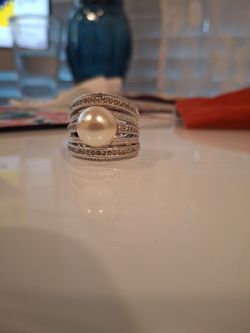 Silver-Tone Pearl and Crystal Cocktail Ring