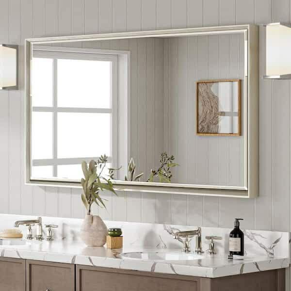 NEW IN BOX - QueenFun 48 in. W x 24 in. H Framed Rectangular Beveled Edge Bathroom Vanity Wall Mount Mirror in Brushed Nickel