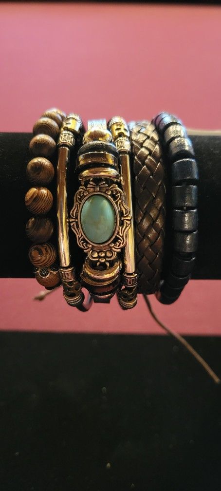4pcs Vintage Western Style Bracelet Set Turquoise & Wooden Beads