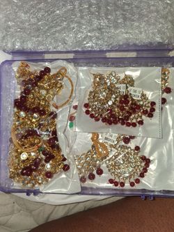 Gold-Tone Kundan Jewelry Set with Red Beads
