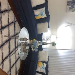 Blue Velvet Sofa Set With Silver Studs