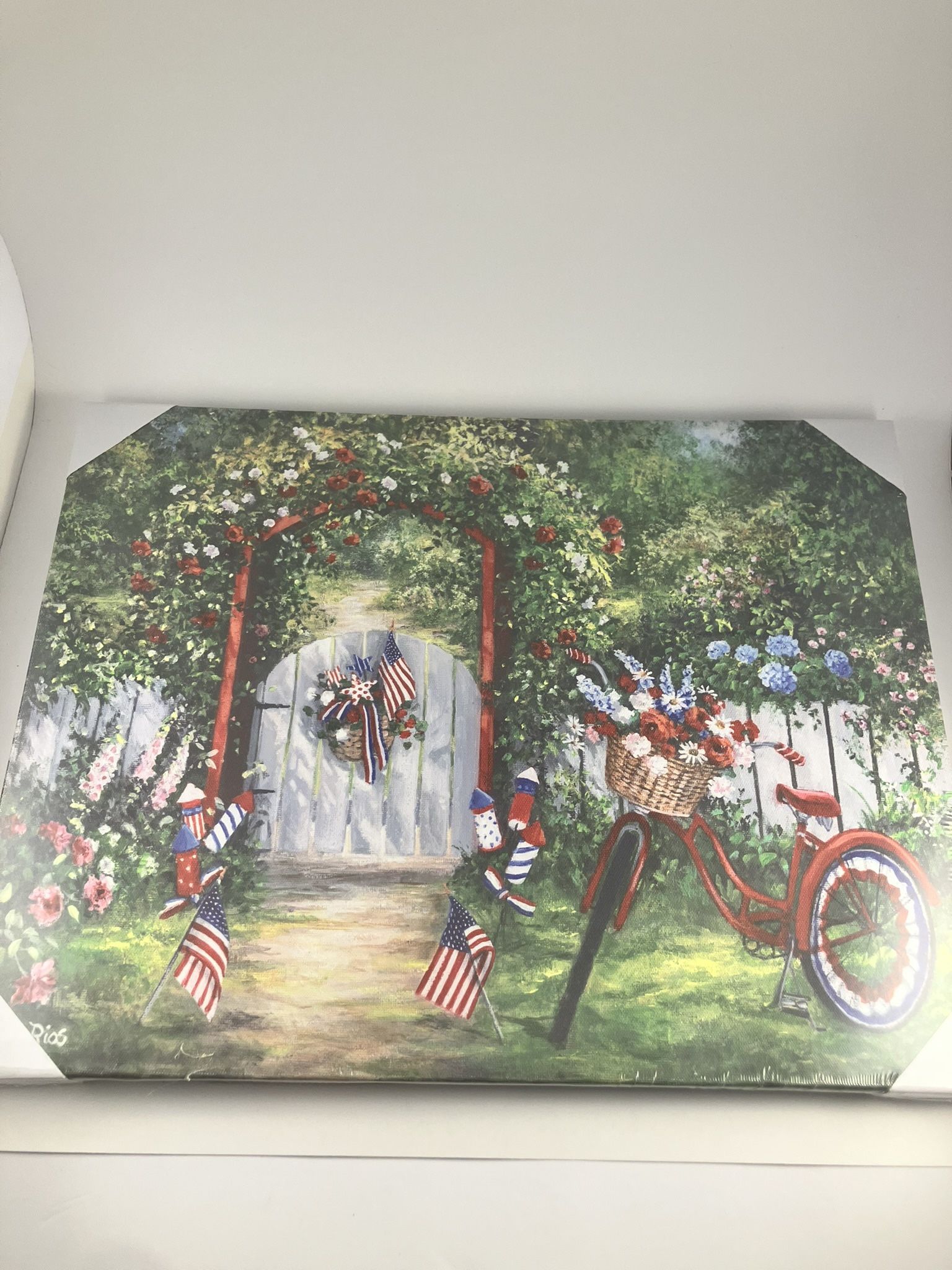 NEW 24×16 Patriotic Canvas – Red Bike, Flags & Garden Gate Lights Up $22
