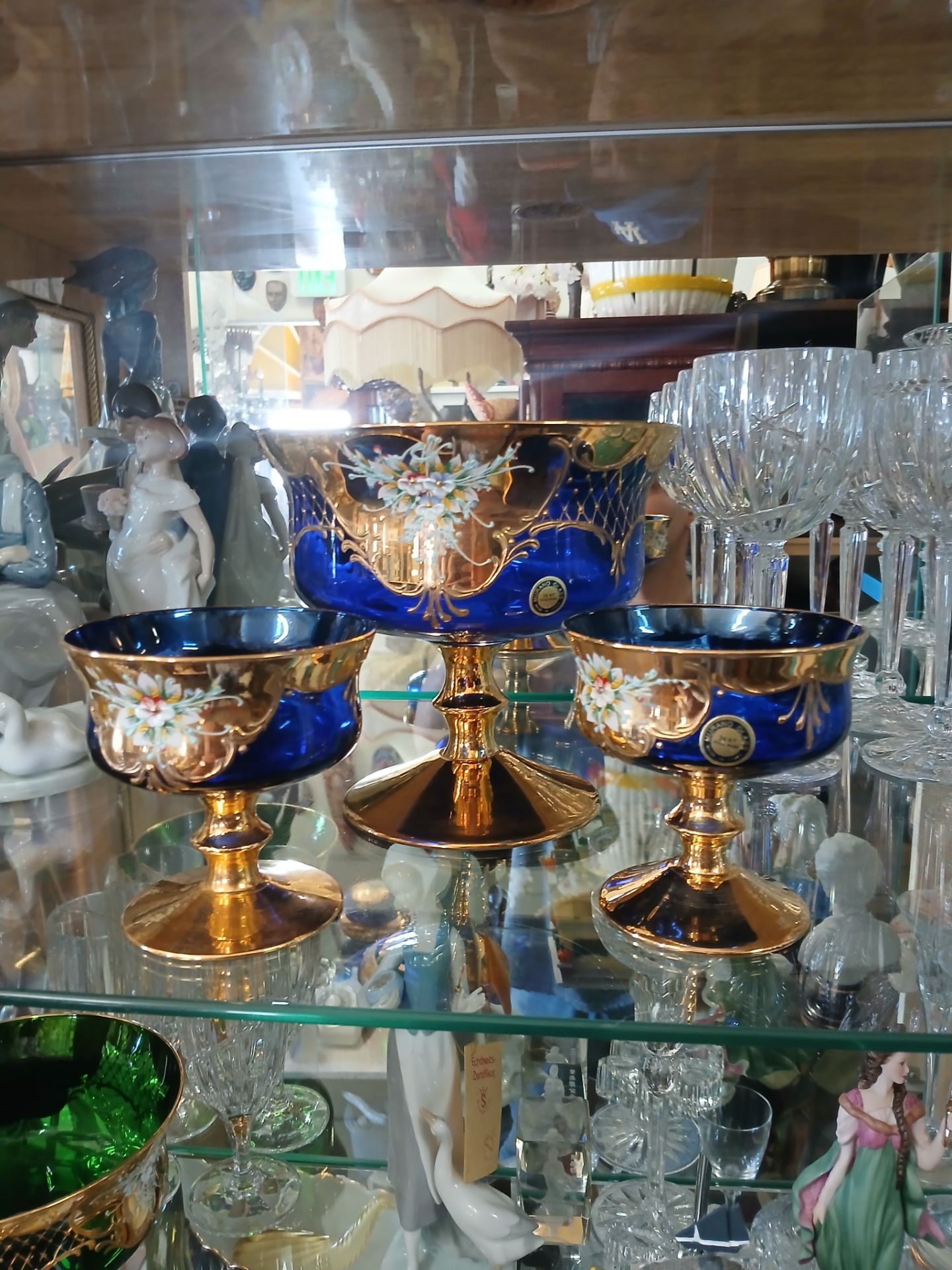 ITALY MURANO GILT COBALT GLASS DESSERT SERVICE 24k gold paint