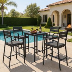 New Luxury Soleil Jardin Outdoor Aluminum 5-piece Bar Set, Dining Bistro Pub Set, Patio Bar Height chairs with Cushion & Slatted High Top Table for Ba
