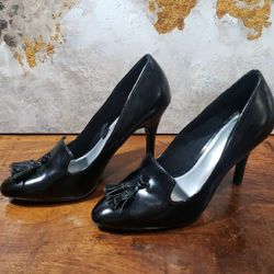 Women's Fioni Black Patent Tassel High Heel Pumps, Size 5.5!