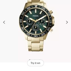 Fossil Bannon Multifunction Gold Tone Stainless Watch 45mm with Green Face
