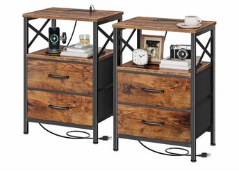 Huuger Night Stand with Charger Station, USB-C Port, End Table 2 Fabric Drawer Nightstand with Open Shelf, Bedside Table, Compact Size for Small Space