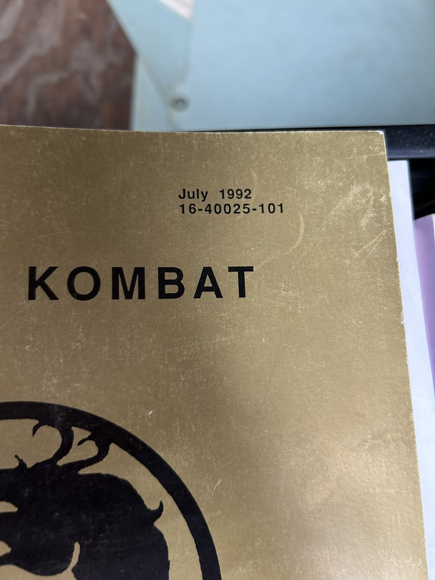 Original Midway Mortal Kombat July 1992 Arcade Manual