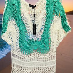 NWT Crochet Lace Top Small/ Medium Spiaggia Dolce White Green Cotton/Acrylic