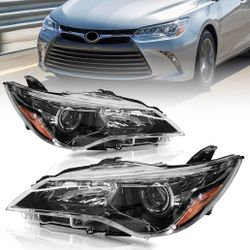 Black Headlights Assembly for 2015 2016 2017 Toyota Camry Headlamp Set W/Housing Left+Right Side
