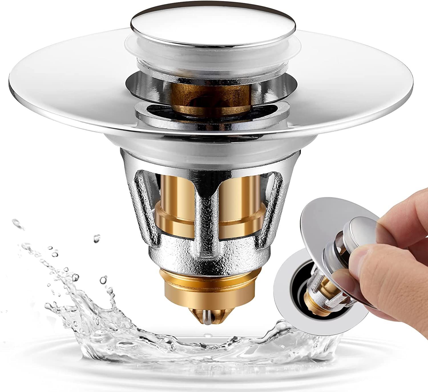Bathroom Sink Stopper, Pop-Up Drain Filter, for 1.08-1.34 in U.S. Standard Drain Holes, Anti Clogging Sink Strainer with Basket, Bounce Bullet Core Ty