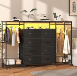 59.1" W Dresser for Bedroom with Hanging Rack, 8 Drawer Dresser with LED Lights & Charging Station, Fabric Dressers with Portable Wheels,Metal Frame,