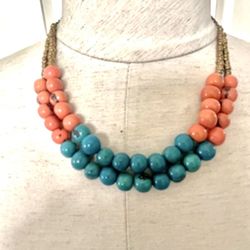 Turquoise Orange Double Strand Beaded Necklace 