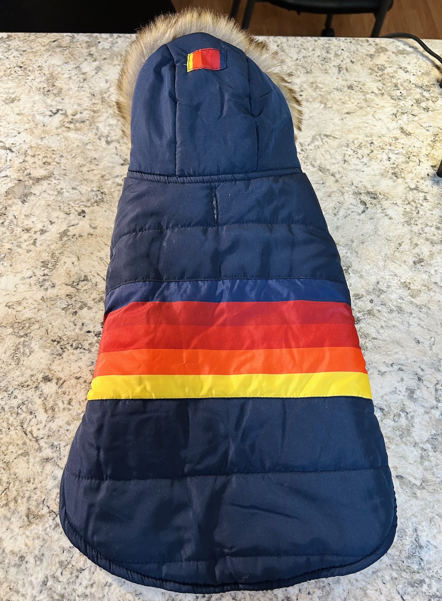 Navy Blue Striped Small Dog Puffer Jacket Hooded With Faux Fur Trim