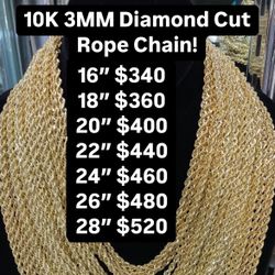 10K 3MM  Diamond Cut Rope Chain 