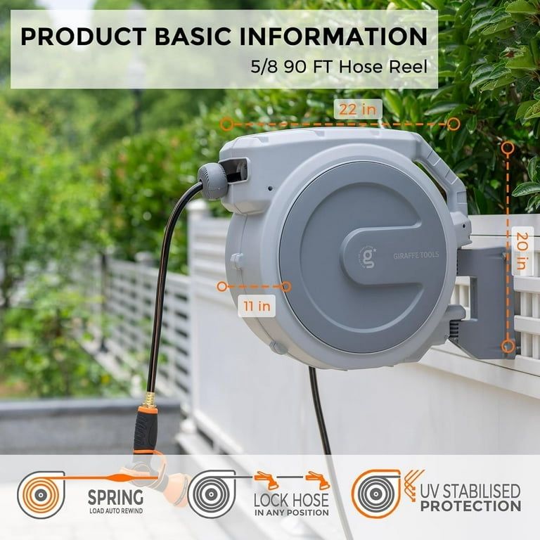 New Giraffe Tools AW40 Retractable Hose Reel 5/8" x 90 ft Wall Mounted Garden Hose Reel Heavy Duty, Automatic Rewind, 180 Deg Swivel, Any Length Lock,