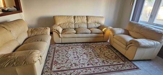 3-Piece Cream Leather Sofa Set — Sofa, Loveseat & Armchair