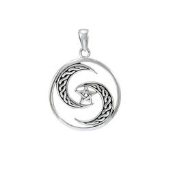 Celtic Crescent Moons Pentagram Sterling Silver Pendant 