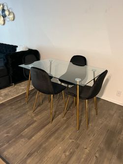 Glam Dining Set – Gold Frame Glass Table with 4 Velvet Dining Chairs