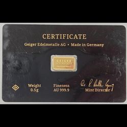 Geiger Schloss Guldengossa Vintage Edition .9999 Fine Gold Bar .5 Gram w/ Card