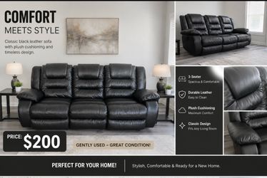 Black Leather Reclining 3-Seat Sofa