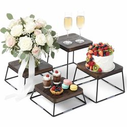 Dessert Table Display Set, 4pcs Food Risers, Brown Wood Buffet Risers, Pizza Stand with Matte Black Metal Wire Base, Dessert Display Stands