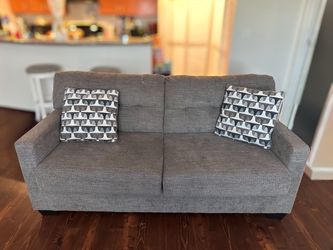 Gray Fabric Loveseat with Accent Pillows