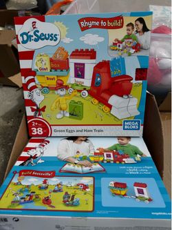 Bulk lot of 2 Vintage 2017 retired Lego Dr Seuss mega blox green eggs and ham train play set and playmobil circus set