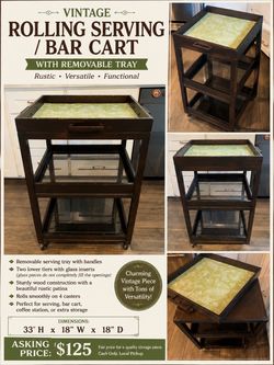 Vintage Rolling Wood Bar Cart with Tray