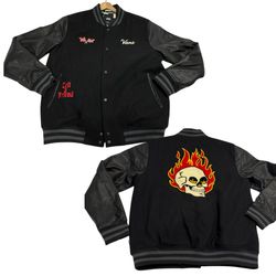 Vans Stevens Varsity Bomber Letterman Jacket Men MED Flaming Skull RARE Ltd Ed