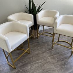 LUE BONA 27" H Counter Height Bar Stools Set of 3, Modern Barrel Counter Stools with Backrest and Arms, Gold Metal Frames, Linen Fabric Upholstered Ac