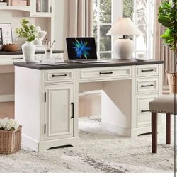 58" Executive Desk, Farmhouse Computer Desk with Drawers and Cabinet $150