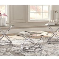 Set Of 3 Glass Top Coffee Table And Two Side Tables