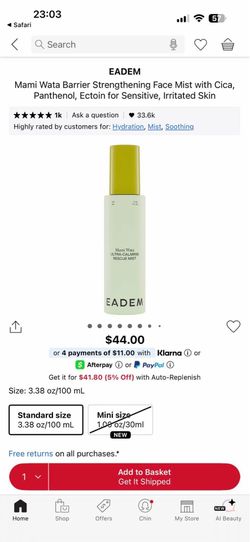 EADEM  Mami Wata Barrier Strengthening Face Mist with Cica, Panthenol, Ectoin for Sensitive, Irritated Skin