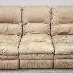 Beige Genuine Leather Sofa With 2 Recliners.