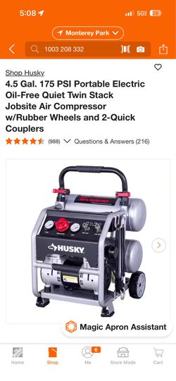 4.5 Gal. 175 PSI Portable Electric Oil-Free Quiet Twin Stack Jobsite Air Compressor w/Rubber Wheels and 2-Quick Couplers