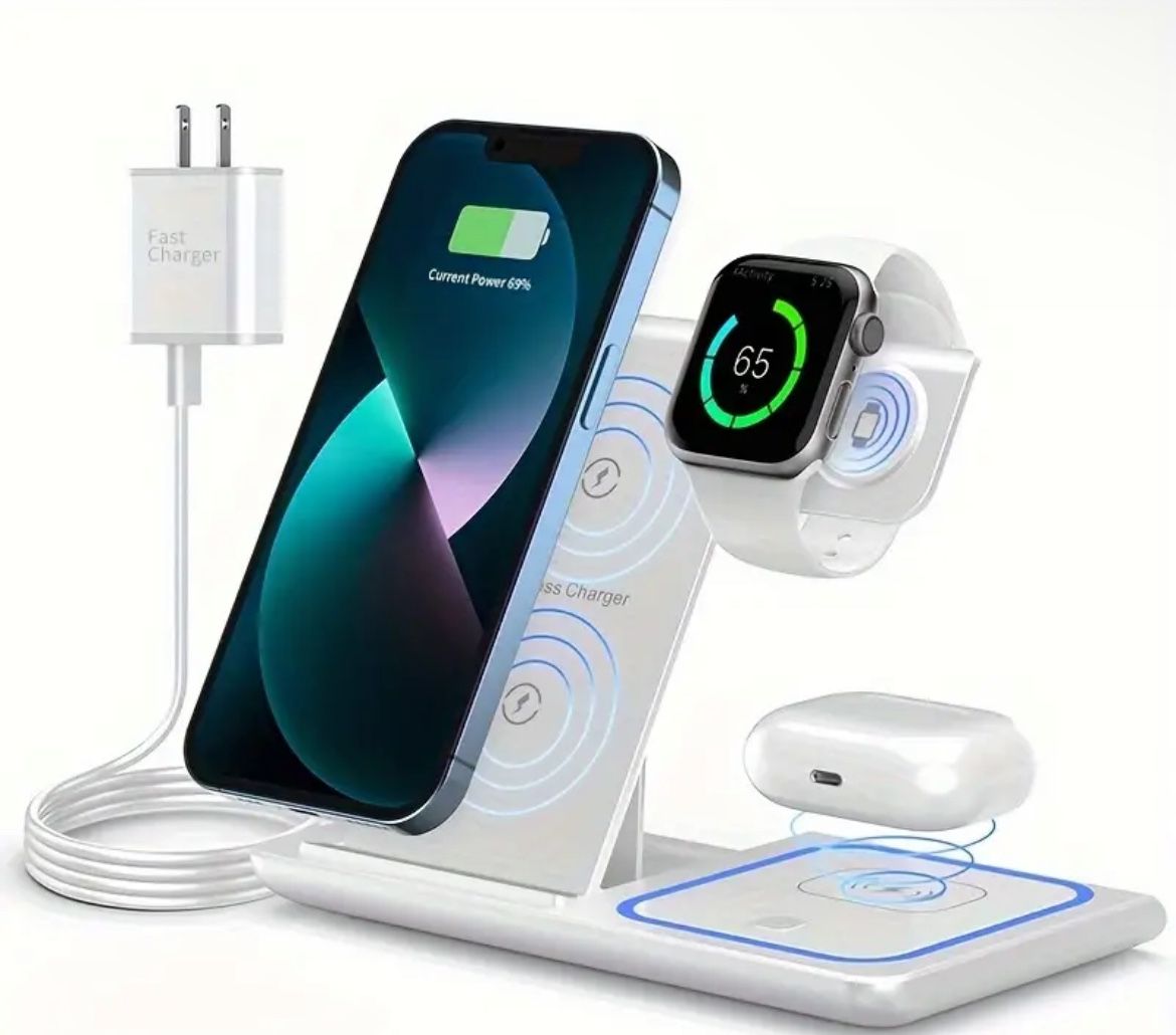 Wireless Charging Station 3-in-1 Standard 15W Fast Mag-Safe Charger Stand With QC3.0 Adapter, Suitable For IPhone 15 14 13 12 11 X 8 Pro Max/Pro/Mini/