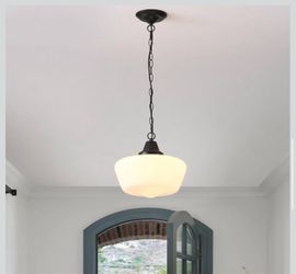 New Schoolhouse Pendant Fixture, 12 Inch Black Finish with Milk Glass Adjustable