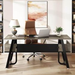 63 inch Large Executive Desk Office Desk with Storage Shelf for Home Office, Rustic Brown Black