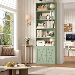 82" Tall Bookcase, Farmhouse Bookshelf with Doors, Green 7 Tier Bookcase with Storage and Adjustable Shelf, Open and Display Wide Bookshelf for Living