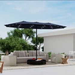 15ft Solar Led Lighted Extra Large Patio Umbrella With Base Included Navy Blue 