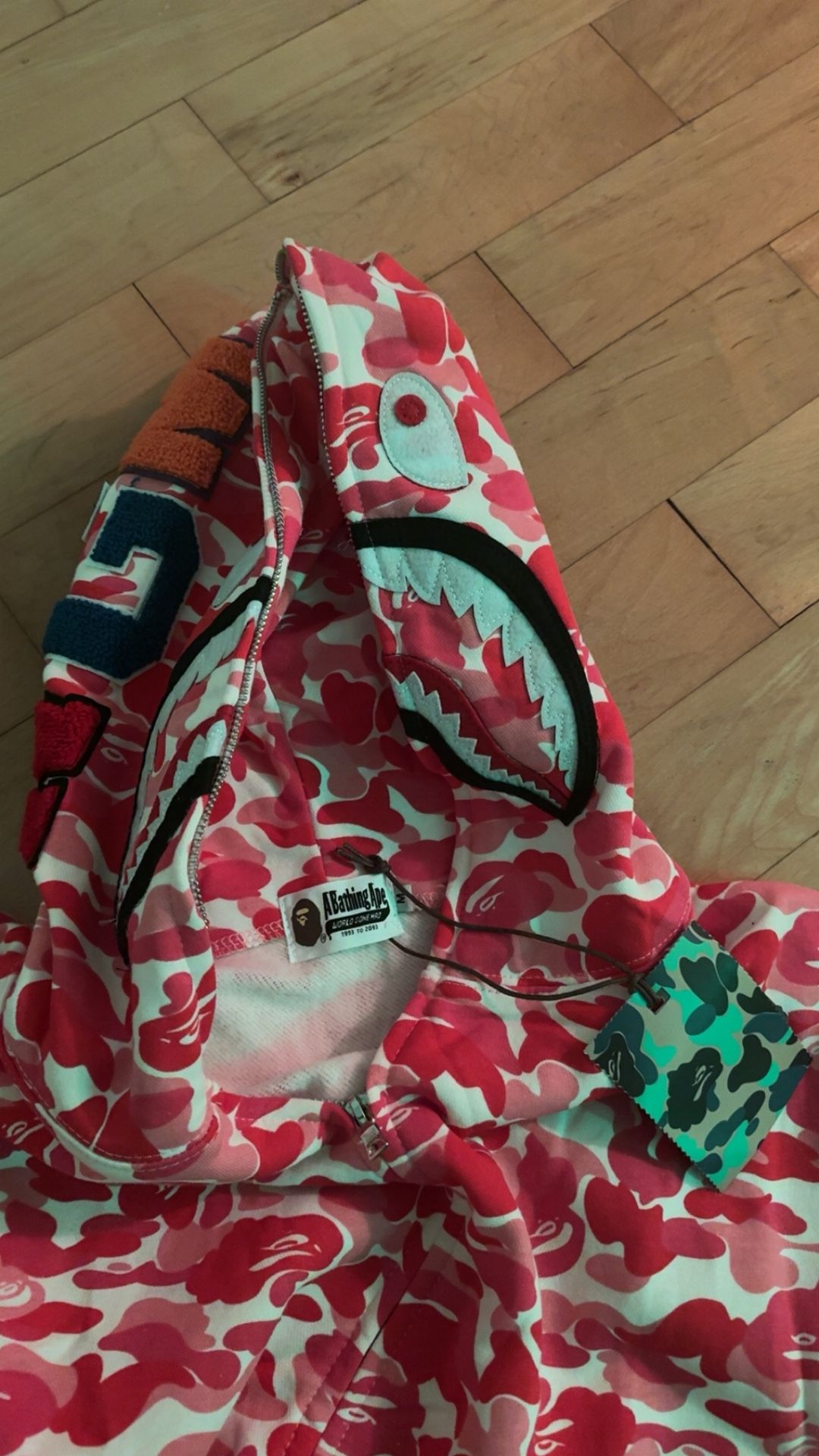 BAPE red and white hoodie
