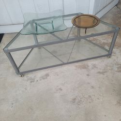 Glass Table On Wheels, Butterfly Bowl And Tray All For $19