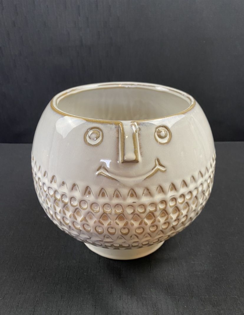 West Elm Ceramic Happy Face Planter Flower Pot
