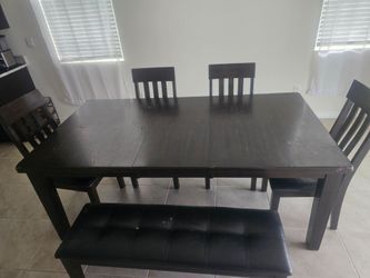 Dining table, chairs and bench
