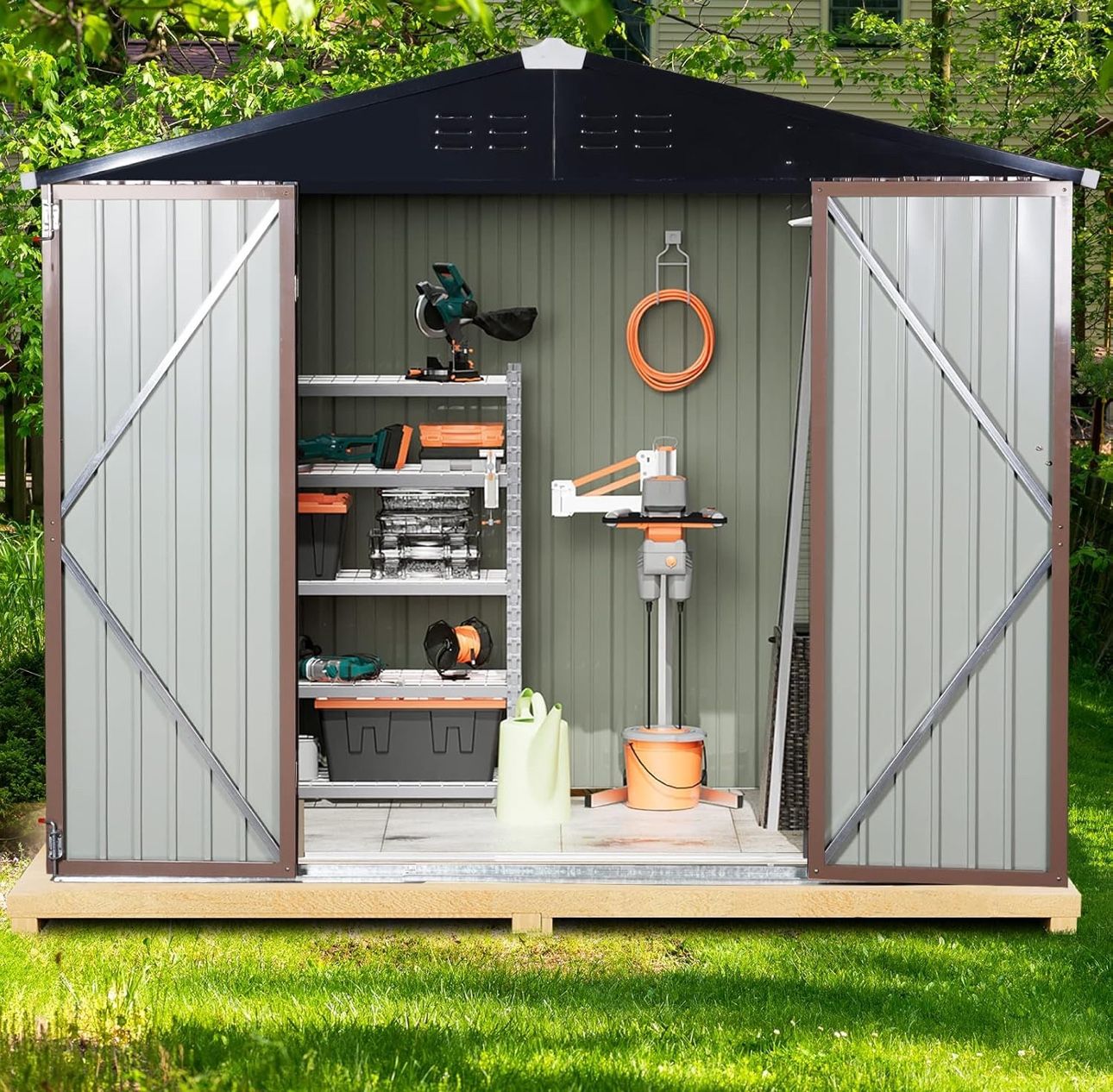 8 x 6 FT Outdoor Metal Storage Shed, Steel Garden Shed with Double Lockable Door, Tool Storage Shed for Backyard, Patio & Lawn (8 * 6 ft)