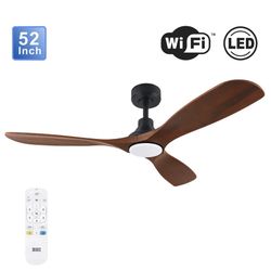 New 52” smart ceiling fan with natural wood blades in walnut has LED lighting and remote control